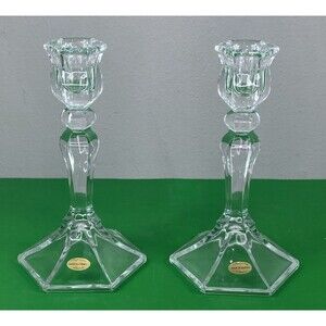 Pair Vintage Made in France Teleflora Crystal Candlestick Holders Label 7.5"